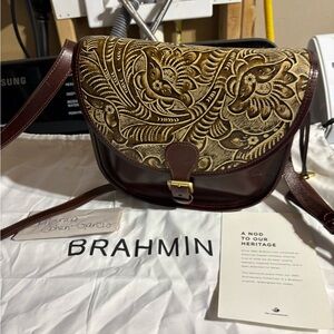Brahmin Tan Trellis 35th anniversary Embossed Gold and Brown Crossbody Bag